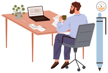 Man sits on office chair holding coffee, reviewing papers at wooden desk with laptop, plant, clock, pen, and documents. Ideal for productivity, organization, focus planning time management