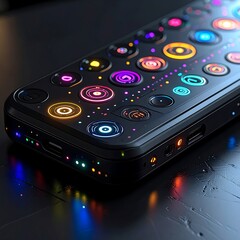 A sleek, futuristic device showcasing vibrant, colorful, glowing buttons and illuminated circles.