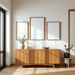 Minimalist Home Interior: Wooden Cabinet, Blank Frames, and Plants