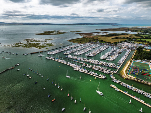 Lymington River and marina from drone, Lymington, New Forest, Hampshire, England