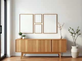 Modern Interior Design: Wooden Cabinet, Blank Frames, and Plants