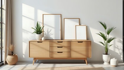 Modern Minimalist Interior Design: Light Wood Sideboard with Blank Frames and Plants