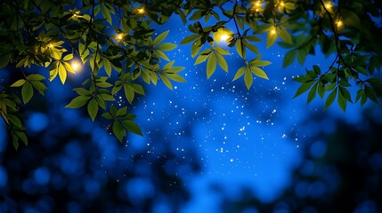 Enchanting Night Scene Leaves with Fairy Lights, and Sparkles Against Dark Blue Sky.
