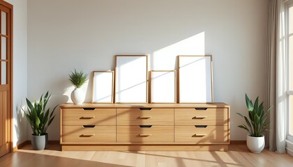 Modern Wooden Chest of Drawers with Blank Frames and Plants - Minimalist Interior Design