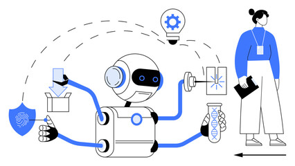 Robot conducting multitasking actions, including lab work, analysis, and data processing near a scientist. Ideal for technology, AI, teamwork, science innovation security education. Simple flat