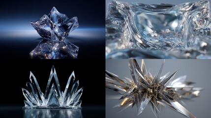 Four abstract icy forms with various textures and lighting on reflective surfaces