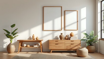 Minimalist Living Room Interior Design: Mockup with Wooden Furniture and Plants