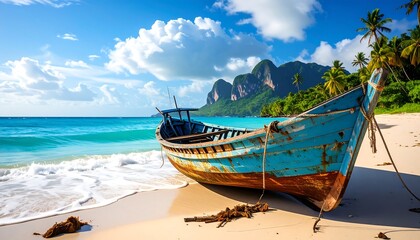 Obraz premium A weathered blue fishing boat rests gently on a pristine tropical beach, bathed in sunny light, with turquoise water lapping at the shore and lush green hills rising in the background.