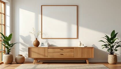 Minimalist Living Room Interior with Wooden Console, Plants, and Blank Canvas
