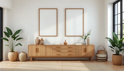 Modern Interior Design: Light Wood Credenza with Blank Frames and Plants