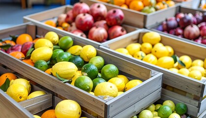 Wooden crates overflowing with vibrant citrus fruits and pomegranates, a colorful display of fresh produce at a market stall.