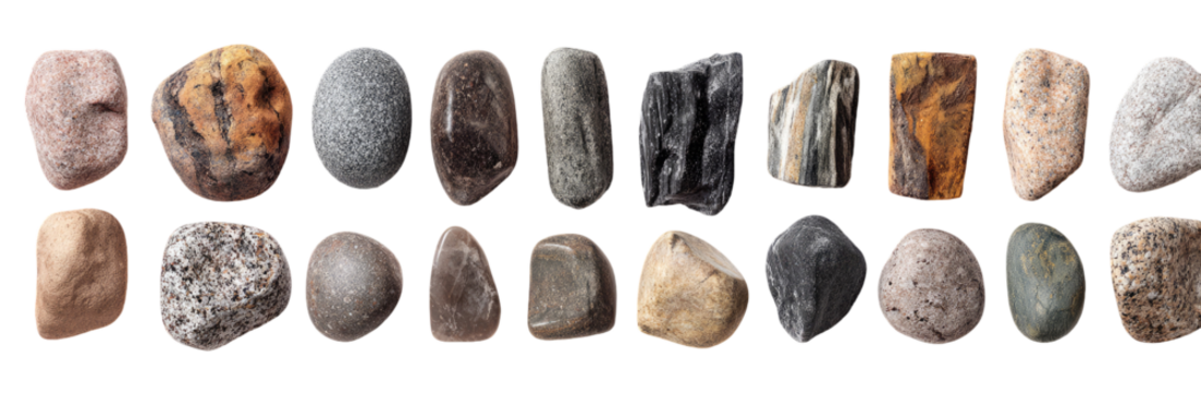 Variety of rounded and irregular stones in various colors and textures