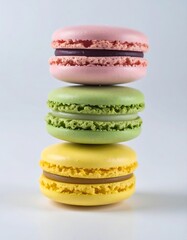Three vibrant macarons, stacked perfectly, display delicate pastel hues of pink, green, and yellow, against a simple white backdrop.