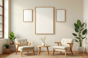 Minimalist Living Room Interior with Mockup Frames and Cream Armchairs