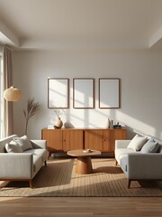 Mid-Century Modern Living Room Interior Design: Sunlit Minimalist Scene with Mockup Frames