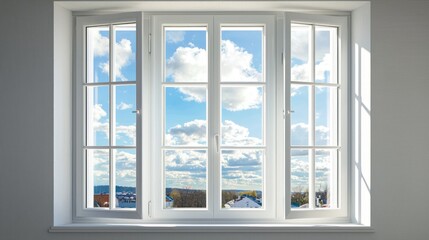 Obraz premium A white window frame with a view of a blue sky and white clouds, set against a white wall with a shadow cast by the window.