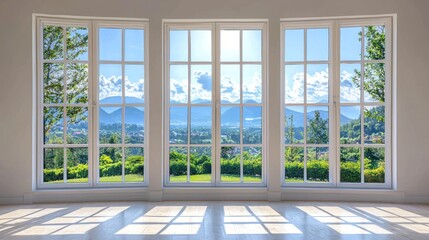 A spacious, white room with a large window that offers a scenic view of a lush green landscape. The room is empty except for a few scattered objects