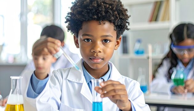 Young Boy Conducts Science Experiment in Classroom
