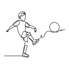 Continuous line drawing of happy kids play football and kick ball. Editable stroke single line sketch drawing vector illustration