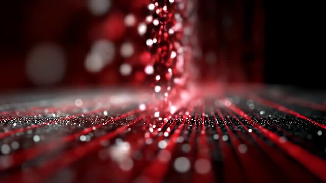 Abstract digital artwork of parallel lines, red and black, with glistening particles
