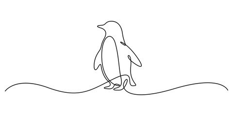 One continuous line drawing of penguin, walking, monochrome illustration. Minimalist single line art style penguin. Vector illustration