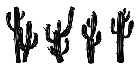 Silhouette set of a desert cactus collection with various shapes and prickly thorns. Vector cartoon illustration
