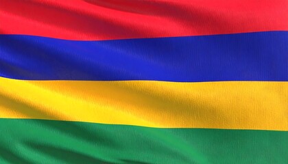 Vibrant horizontal stripes of red, blue, yellow, and green depict the flag of Mauritius, showcasing a dynamic texture.