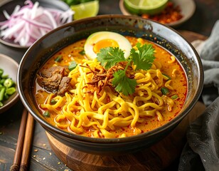 A rich and flavorful bowl of Khao Soi, showcasing tender noodles in a vibrant curry broth, garnished with fresh herbs and a fried onion topping.