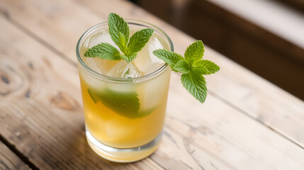Refreshing beverage with ice and mint on a rustic wooden table.
