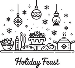 Naklejka premium Holiday Food Vector Icons Collection Festive Dinner Table, Cake, Bread, Tea Kettle, Ornament, Lantern, Fruit Bowl, and Cooking Pan