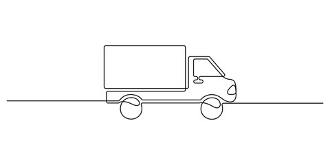 Cargo expedition truck in one continuous line outline illustration. Continuous single line art drawing of freight Truck. Doodle vector illustration