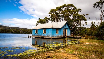 Tranquil blue boathouse on a lake