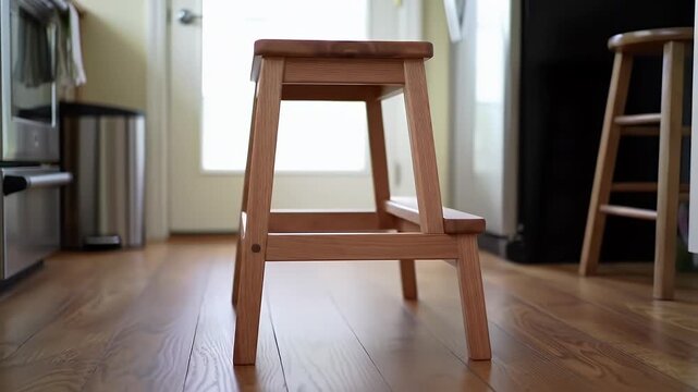 Wooden Step Stool on Hardwood Floor in Bright Kitchen with Stainless Steel Appliances
