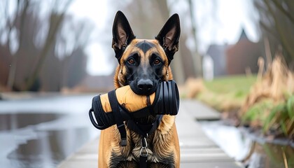 Focused, alert Belgian Malinois dog holds a durable, tan-colored training item, showcasing a serious and attentive expression against a blurred outdoor backdrop.