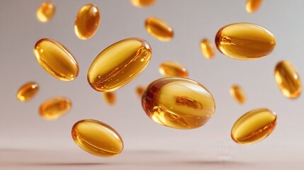 Golden fish oil softgels are suspended in mid air against light background, showcasing their translucent, glossy appearance. capsules appear to be floating, creating dynamic and.