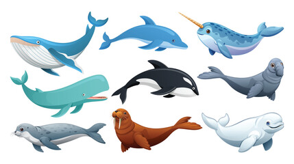 Collection of various marine mammals and sea creatures including a whale, dolphin, and seal. Vector cartoon illustration © YG Studio