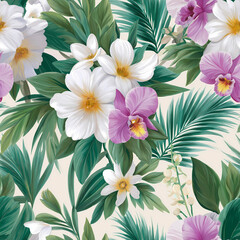 Seamless pattern of tropical white and pink flowers with palm leaves on light background for design