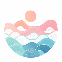 Fototapeta premium Serene minimalist illustration of ocean waves and mountains with a rising sun, created in a soft pastel Japanese style