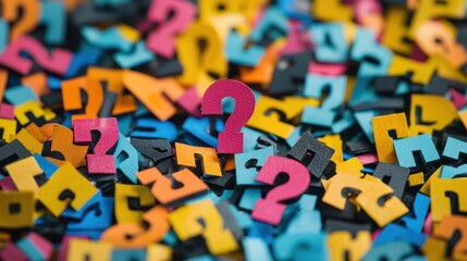 A colorful array of question marks scattered across a vibrant background, with a single red question mark standing out amidst the sea of colorful symbols.