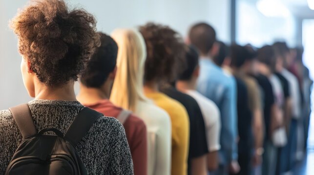 A long line of people standing in a queue, waiting to be served at a counter.