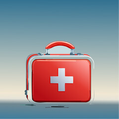 Fototapeta premium Vector illustration of a shiny red first aid box featuring a white cross symbol and metallic details on a clean gradient background