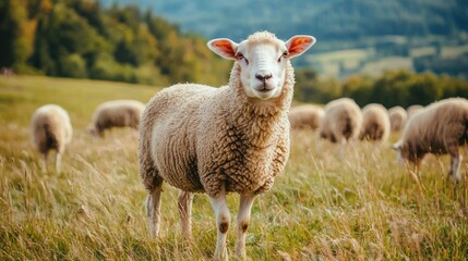 Fototapeta premium A sheep standing in a grassy field with other sheep in the background, under a cloudy sky with mountains in the distance.