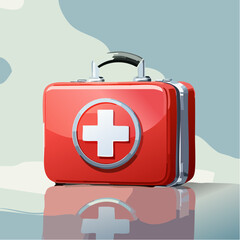 Obraz premium Stylized vector illustration of a red medical first aid kit with a white cross, reflecting on a glossy surface for healthcare concepts