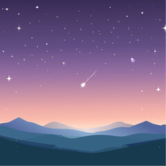 Vector illustration of a peaceful mountain landscape under a glowing galaxy night sky with a shooting star and vibrant purple twilight gradients