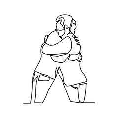 Continuous line of two man hug each other success team work partnership. Editable stroke sketch line drawing vector illustration