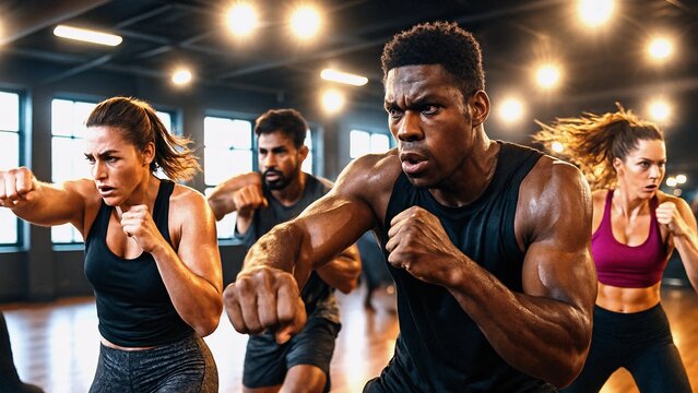Multi-ethnic group of athletes engaging in shadow boxing within a gym, honing their form and technique while immersed in an intense workout session filled with energy and focus