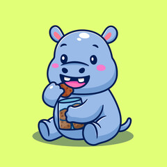 illustration cute cartoon hippo eating biscuit