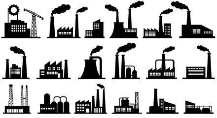 Fototapeta premium Industrial factory icons in black silhouette style, vector illustration