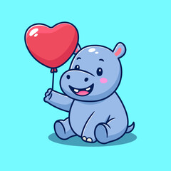 cute cartoon of a hippo sitting holding a balloon. illustration vector design