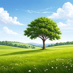 A serene, vibrant landscape featuring a solitary tree in a grassy meadow, bathed in sunlight and showcasing a picturesque hilly background.